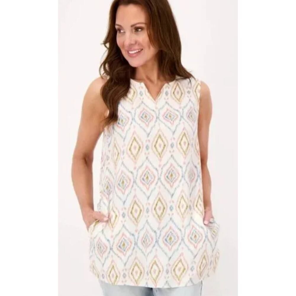 NWT Denim & Co. Naturals Linen Blend Top w/Pockets Ikat Print QVC Tank